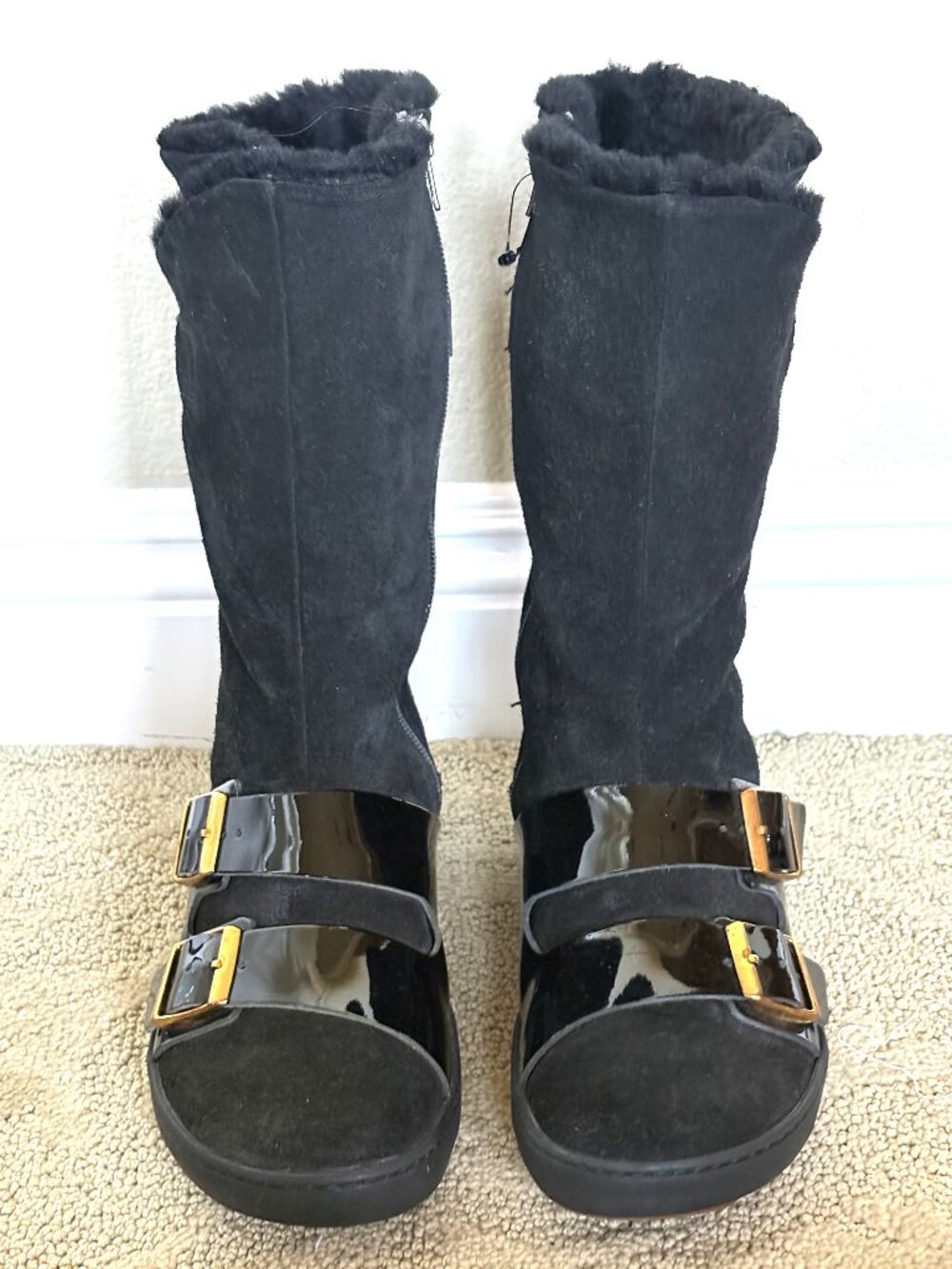BIRKENSTOCK BLACK SUEDE SHEARLING LINING LARGE BUCKLE TRAPS MID-CALF SIZE: 7